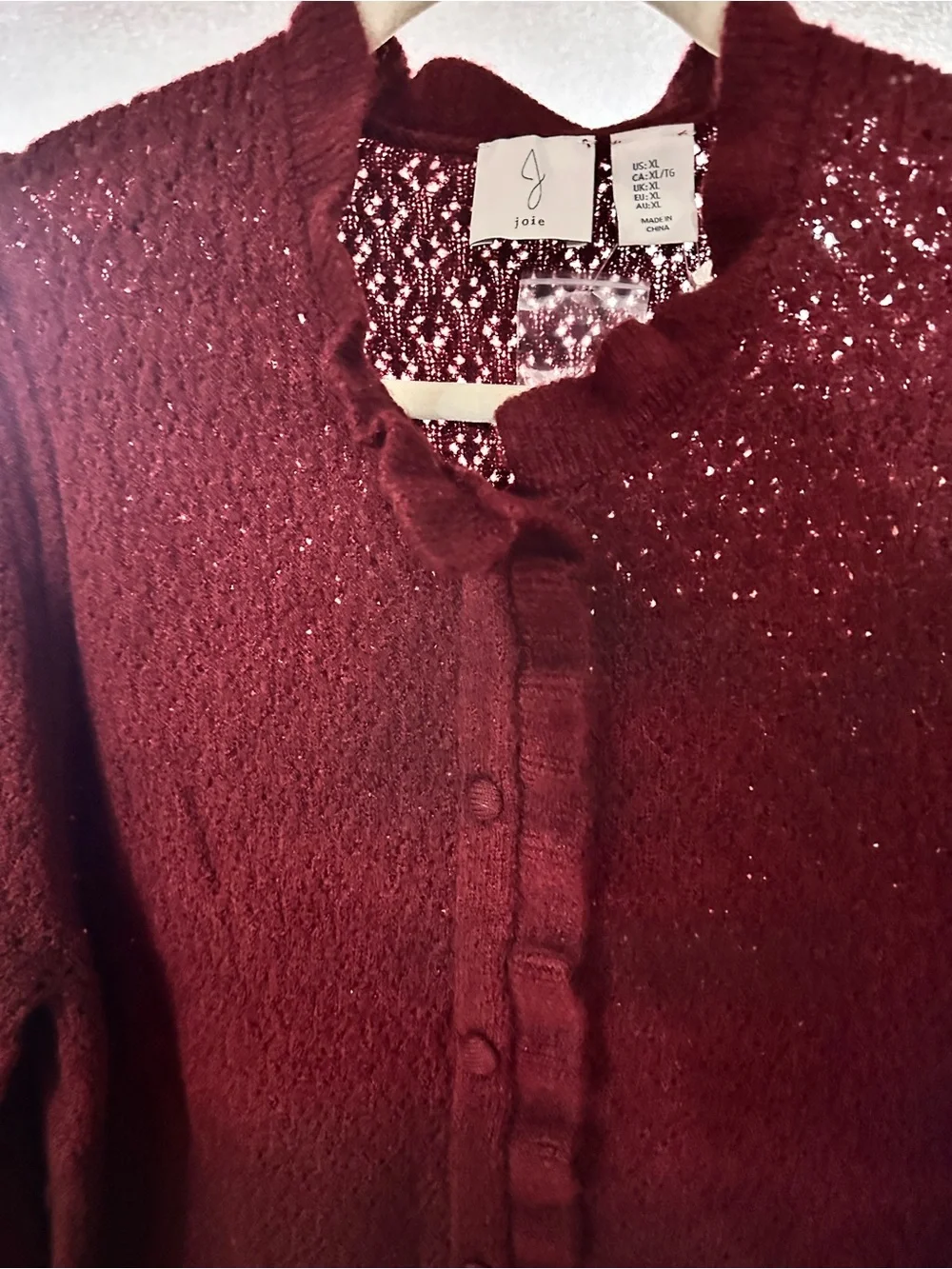 Joie Maroon Ruffle-Trim Knit Cardigan